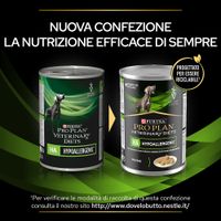 Nuova confezione Purina Pro Plan Veterinary Diets HA Hypoallergenic, due lattine a confronto. Testo: Progettato per essere riciclabile! La nutrizione efficace di sempre.