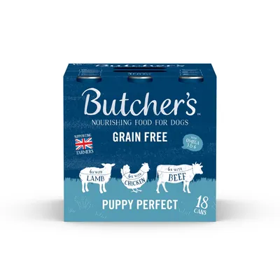 Butcher's nourishing food for dogs, grain free, with omega 3 and 6. Contains 18 cans: 6 lamb, 6 chicken, 6 beef. Puppy Perfect. Supporting British farmers.