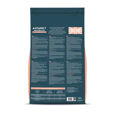 Back of Autarky Mature Lite bag showing feeding guide, ingredients list, nutritional information, and 'Made in the UK' label with Union Jack flag.