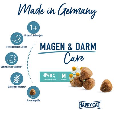 Happy Cat Magen & Darm Care, Made in Germany, ab dem 1. Lebensjahr, beruhigt Magen & Darm, glutenfreie Rezeptur, 78% tierisches Protein, Krokettengrösse 6-10mm.