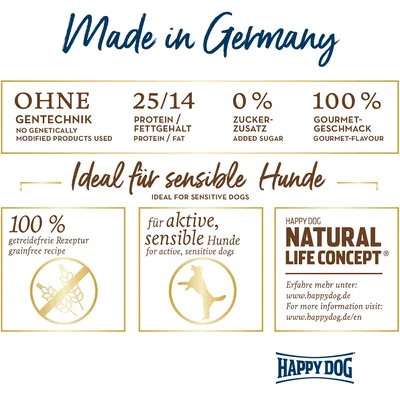 Made in Germany. Ohne Gentechnik, 25/14 Protein/Fettgehalt, 0% Zuckerzusatz, 100% Gourmet-Geschmack. Ideal für sensible Hunde: getreidefrei, für aktive sensible Hunde. Happy Dog Natural Life Concept.