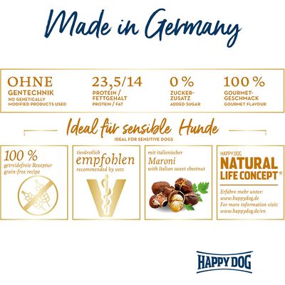 Made in Germany. Ohne Gentechnik, 23,5/14 Protein/Fettgehalt, 0% Zuckerzusatz, 100% Gourmet-Geschmack. Ideal für sensible Hunde: getreidefrei, tierärztlich empfohlen, mit italienischer Maroni.