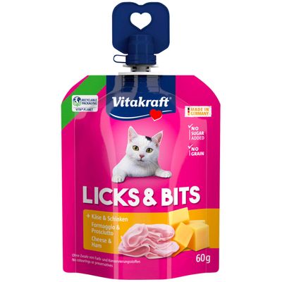 Vitakraft Licks & Bits med ost og skinke, 60 g. Fremstillet i Tyskland, uden tilsat sukker, uden korn, genanvendelig emballage, uden farve- og konserveringsstoffer.