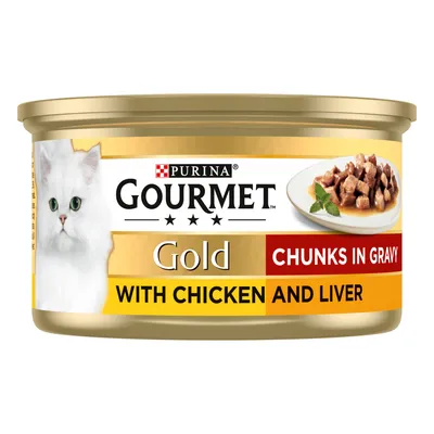 Gourmet Gold chunks in gravy with chicken and liver, shown on a can with product image and text highlighting flavour and texture.