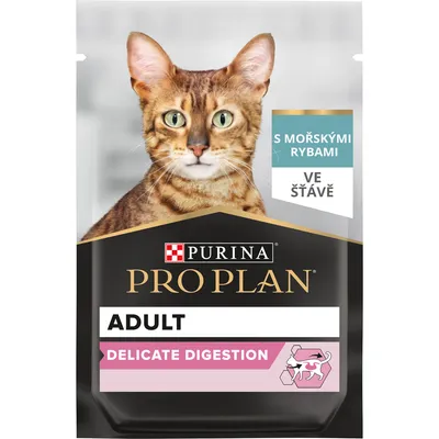 PURINA PRO PLAN ADULT DELICATE DIGESTION s morskými rybami ve šťávě, balenie s obrázkom mačky na obale. Text v češtine.