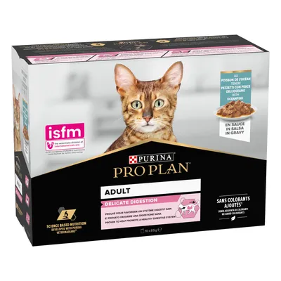 Purina Pro Plan Adult Delicate Digestion with ocean fish in gravy, proven to help promote a healthy digestive system, no added colourants, ISFM endorsed, 10 x 85g pouches.