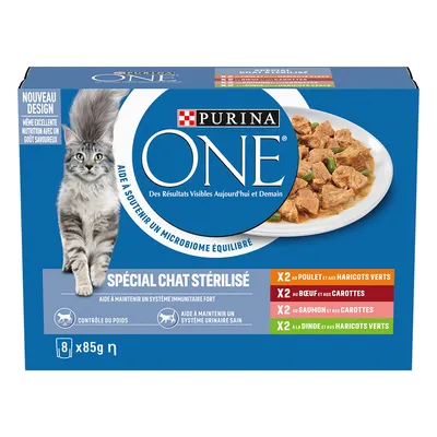 Purina ONE Spécial Chat Stérilisé, 8 x 85 g. Variétés : 2x poulet/haricots verts, 2x bœuf/carottes, 2x saumon/carottes, 2x dinde/haricots verts. Contrôle du poids, système urinaire sain.