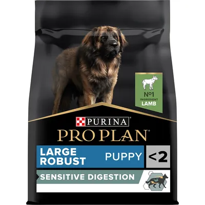 Purina Pro Plan Large Robust Puppy <2 Sensitive Digestion, No1 Ingredient Lamb. Koiranruokapakkaus, jossa suuri koira ja lammasmerkintä näkyvissä. Purina Pro Plan Large Robust Puppy <2 Sensitive Digestion, No1 Ingredient Lamb. Koiranruokapakkaus, jossa suuri koira ja lammasmerkintä näkyvissä.