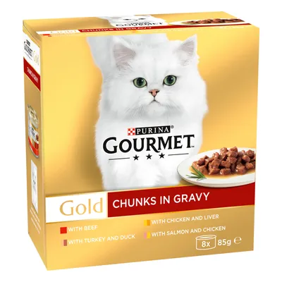 Purina Gourmet Gold Chunks in Gravy, 8 x 85g. Flavours: beef, chicken and liver, turkey and duck, salmon and chicken.