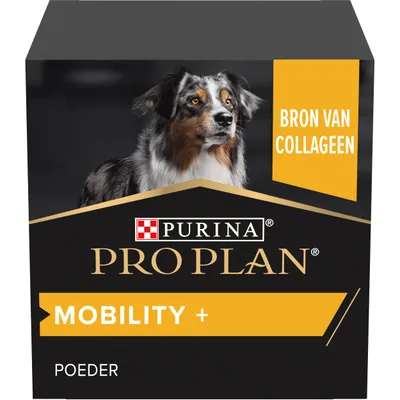 Purina Pro Plan Mobility+ poeder, bron van collageen. Verpakking met afbeelding van hond.