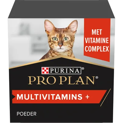 Purina Pro Plan Multivitamins+ poeder, met vitamine complex. Verpakking toont afbeelding van een kat.