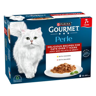 Purina Gourmet Perle, Recipes for cats aged 7 years and over, juicy mini fillets in sauce with chicken and salmon, 12 x 85g, recyclable pouches.