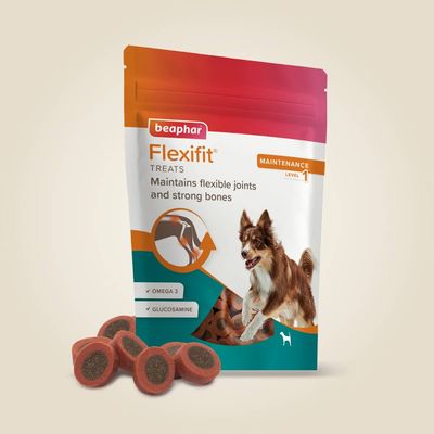 Flexifit Treats, maintains flexible joints and strong bones, with omega 3 and glucosamine. Maintenance level 1 indicated on packaging. Several treats shown in front of pack.