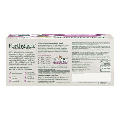 Forthglade natural pet food box showing feeding guide by weight, hypoallergenic, grain free, with yucca extract, botanicals, vitamins and minerals. Ingredients and storage details included.
