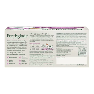 Forthglade natural pet food box showing feeding guide by weight, hypoallergenic, grain free, with yucca extract, botanicals, vitamins and minerals. Ingredients and storage details included.