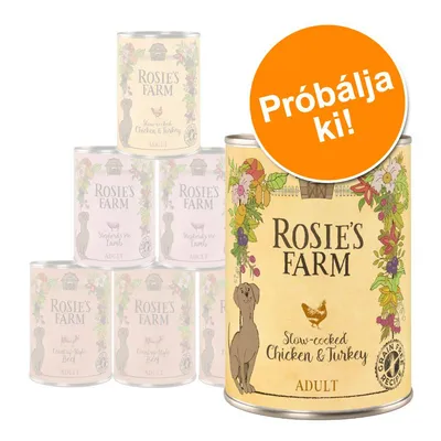 Rosie’s Farm Adult konzerv, Slow-cooked Chicken & Turkey, nagy narancssárga körben: Próbálja ki! Több ízváltozat halványan a háttérben látható.
