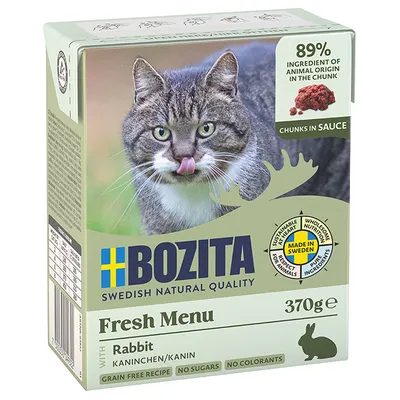 Bozita Fresh Menu kanin i sås, 370g. 89 % animaliska ingredienser i bitar. Spannmålsfri, utan socker, utan färgämnen. Tillverkad i Sverige med rena ingredienser.