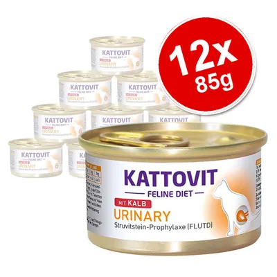 Kattovit Feline Diet Urinary mit Kalb, 12 x 85g tins. Visible text: Struvitstein-Prophylaxe (FLUTD). Image shows multiple tins with gold lids and white labels. Kattovit Feline Diet Urinary mit Kalb, 12 x 85g tins. Visible text: Struvitstein-Prophylaxe (FLUTD). Image shows multiple tins with gold lids and white labels.