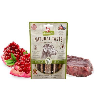 GranataPet Natural Taste Dental Care Hirsch Deer hondensnack, verpakking met afbeelding van hond, granaatappel en stuk rauw vlees zichtbaar. Tekst: 100% vers vlees, glutenvrij, graanvrij.