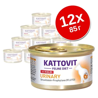 Kattovit Feline Diet Urinary mit Kalb, 12×85 г. На упаковке изображён силуэт кошки и текст Struvitstein-Prophylaxe (FLUTD).
