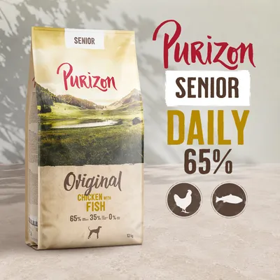 Purizon Senior Daily Original Kuracie s rybou, 65 % kuracieho a ryby, 35 % ďalších prísad, 0 % obilnín, 12 kg. Ikony pre kuracie a rybu viditeľné. Purizon Senior Daily Original Kuracie s rybou, 65 % kuracieho a ryby, 35 % ďalších prísad, 0 % obilnín, 12 kg. Ikony pre kuracie a rybu viditeľné.