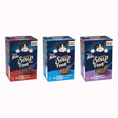 Ambalaj Felix Soup pentru pisici, 6 x 48g. Text vizibil: 'Geschmacksvielfalt vom Land', 'Sélection de la campagne'. Imagine cu bol de supă și bucăți de carne.
