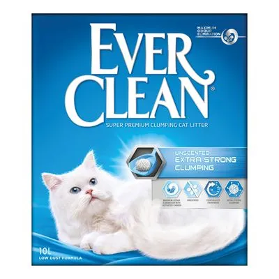 Ever Clean Super Premium Clumping Cat Litter, Unscented Extra Strong Clumping, 10L, low dust formula. Tekst: maximum odour elimination, diverse pictogrammen zichtbaar.