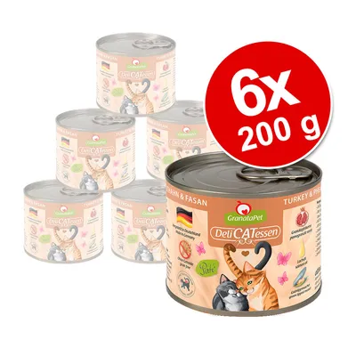 GranataPet DeliCATessen dåsemad til kat, smag kalkun & fasan, 6 x 200 g. Synligt: tysk flag, tekst 'Hergestellt in Deutschland', kornfri, granatæble, paté. GranataPet DeliCATessen dåsemad til kat, smag kalkun & fasan, 6 x 200 g. Synligt: tysk flag, tekst 'Hergestellt in Deutschland', kornfri, granatæble, paté.