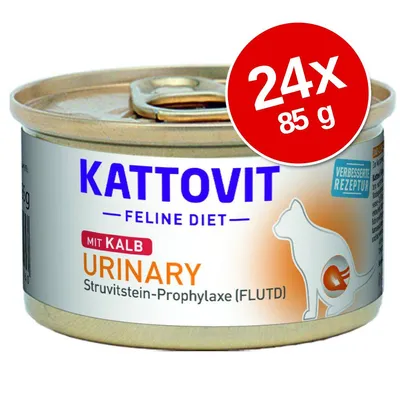 Kattovit Feline Diet Urinary mit Kalb macskaeledel, 24×85 g, Struvitstein-Prophylaxe (FLUTD), javított receptúra felirattal a csomagoláson Kattovit Feline Diet Urinary mit Kalb macskaeledel, 24×85 g, Struvitstein-Prophylaxe (FLUTD), javított receptúra felirattal a csomagoláson
