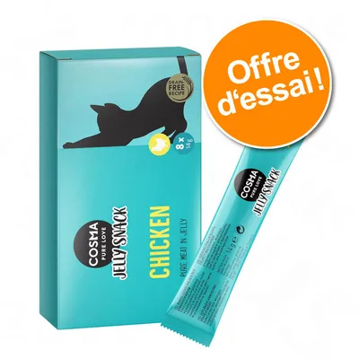 Cosma Jelly Snack Chicken, offre d’essai, boîte 8 x 14 g, recette sans céréales, Pure Love, bâtonnet individuel visible, texte en anglais sur l’emballage.
