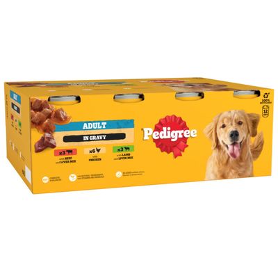 Pedigree влажный корм мультипак, 12 банок по 400 г, виды: курица, ягненок, говядина. С натуральными ингредиентами, полностью сбалансированный.