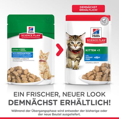 Hill's Science Plan Kitten mit Meeresfisch, Chunks & Gravy. Neuer Look demnächst erhältlich. Übergangsweise alte oder neue Verpackung möglich.