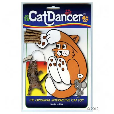 CatDancer. The Original Interactive Cat Toy, Made in USA. Confezione con un gatto, un topo e un'immagine di un gatto che gioca con il gioco.
