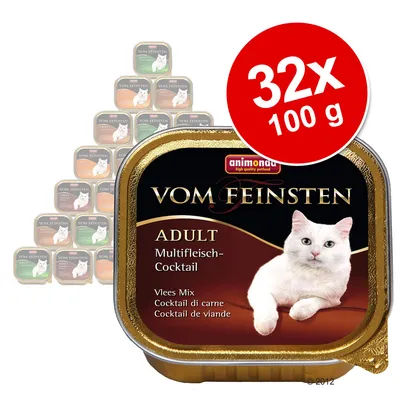 Pack de 32 unidades de 100 g de comida húmida para gatos Animonda Vom Feinsten Adult Multifleich-Cocktail. Embalagem com imagem de gato branco e texto em várias línguas.