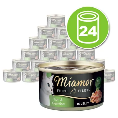 Lot de 24 boîtes Miamor Feine Filets Thun & Gemüse in Jelly, étiquette avec image de chat et mention 100 % filet. Texte en allemand et anglais visible sur l’emballage.