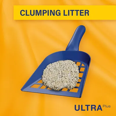 Clumping litter shown on a blue scoop, with the words 'CLUMPING LITTER' and 'ULTRA Plus' visible.