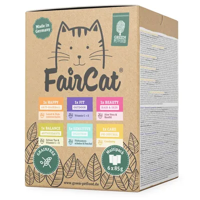FairCat Multipack, Made in Germany, Green Petfood. 6x85g, grainfree. Varianten: Happy Anti-Hairball, Fit Outdoor, Beauty Hair & Skin, Balance Antioxidants, Sensitive Digestion, Care PH Control.