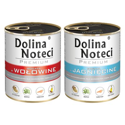 Dolina Noteci Premium bogata w kurczaka, 24x. Widoczne składniki: ryż brązowy, bazylia, marchew, olej lniany. Karma pełnoporcjowa dla dorosłych psów wszystkich ras.
