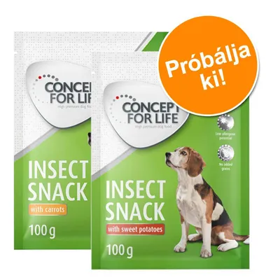 Concept for Life Insect Snack with carrots 100 g és Insect Snack with sweet potatoes 100 g kutyáknak, zöld csomagolás, narancssárga kör: Próbálja ki!