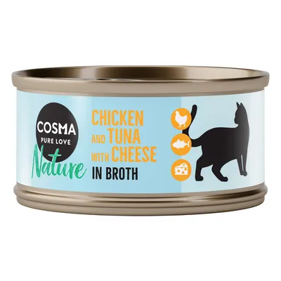 Cosma Pure Love Nature. Kylling, tunfisk og ost i bouillon. Billede af en kat med ikoner for ingredienser: kylling, fisk, ost.