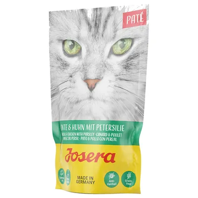 Josera Paté kaczka i kurczak z pietruszką. Wyprodukowano w Niemczech, przeciwko kulom włosowym, bez zbóż, zawiera olej z łososia. Josera Paté kaczka i kurczak z pietruszką. Wyprodukowano w Niemczech, przeciwko kulom włosowym, bez zbóż, zawiera olej z łososia.