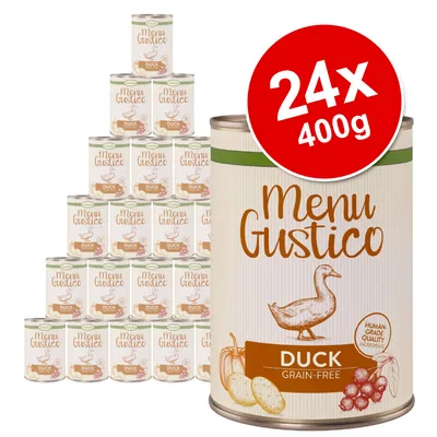 Menu Gustico Duck Grain-Free, 24 x 400g tins. Large can in front with duck illustration and visible text: 'Human-grade quality ingredients'. Smaller cans stacked behind.