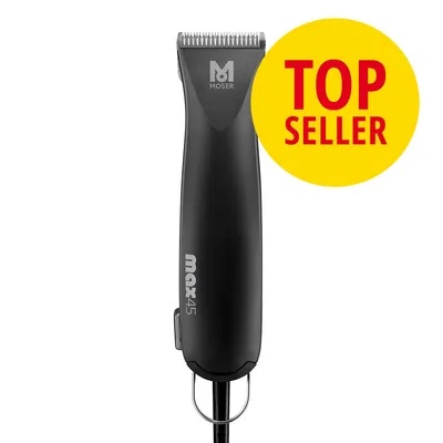 Moser max45 Haarschneidemaschine, schwarzes Design. Gelber Kreis mit rotem Text: Top Seller.