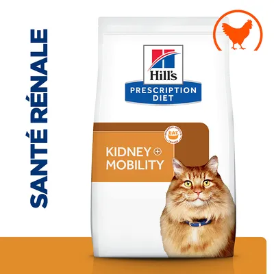 Hill's Prescription Diet Kidney + Mobility pour chat, texte visible : SANTÉ RÉNALE, illustration de poulet orange en haut à droite, photo d’un chat roux sur l’emballage. Hill's Prescription Diet Kidney + Mobility pour chat, texte visible : SANTÉ RÉNALE, illustration de poulet orange en haut à droite, photo d’un chat roux sur l’emballage.