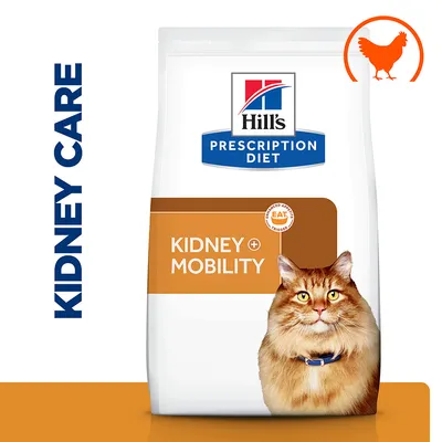 Hill's Prescription Diet Kidney + Mobility hrana za mačke, narančasta oznaka s natpisom EAT, slika mačke i silueta kokoši. Tekst sa strane: KIDNEY CARE.