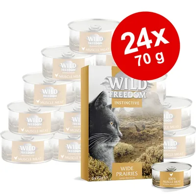 Wild Freedom Instinctive Wide Prairies kattemad, 24 x 70 g dåser. Tekst: 100 % muscle meat, grain-free recipe, 6 x 70 g. Billede af kat og natur på emballagen.