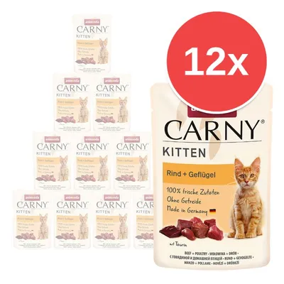 Animonda Carny Kitten Rind + Geflügel, 12× kapsiček. Text: 100% frische Zutaten, Ohne Getreide, Made in Germany. Obrázek kotěte a kousků masa na obalu. Animonda Carny Kitten Rind + Geflügel, 12× kapsiček. Text: 100% frische Zutaten, Ohne Getreide, Made in Germany. Obrázek kotěte a kousků masa na obalu.
