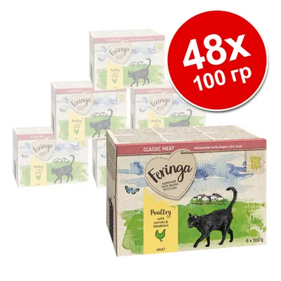 Feringa Classic Meat Poultry with carrots & dandelion для взрослых кошек, упаковка 48×100 г. Видны коробки с изображением черной кошки и надписями на английском языке.