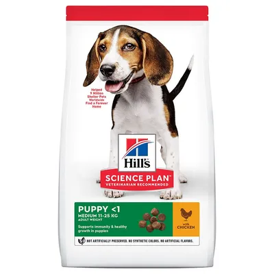 Confezione Hill's Science Plan Puppy <1 Medium 11–25 kg, con pollo. Supporta immunità e crescita sana nei cuccioli. Senza conservanti, coloranti o aromi artificiali.