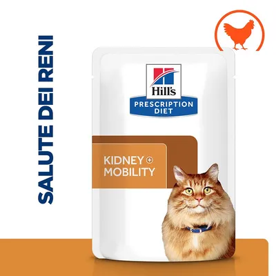 Hill's Prescription Diet Kidney + Mobility per gatti, bustina con immagine di gatto, testo visibile: SALUTE DEI RENI, simbolo arancione di pollo in alto a destra. Hill's Prescription Diet Kidney + Mobility per gatti, bustina con immagine di gatto, testo visibile: SALUTE DEI RENI, simbolo arancione di pollo in alto a destra.